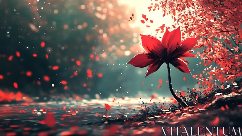 Backlit red flower by riverbank under shallow depth of field