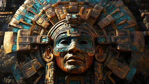 Ancient techno glyphic mask glows with mystical golden light