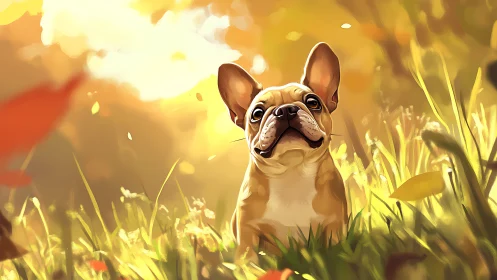 Digital painting of French bulldog in luminous meadow light.