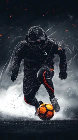 Hooded cyber striker dribbling neon orange ball through spray