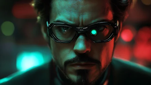 Cybernetic visionary in neon lab glow, intense close portrait.