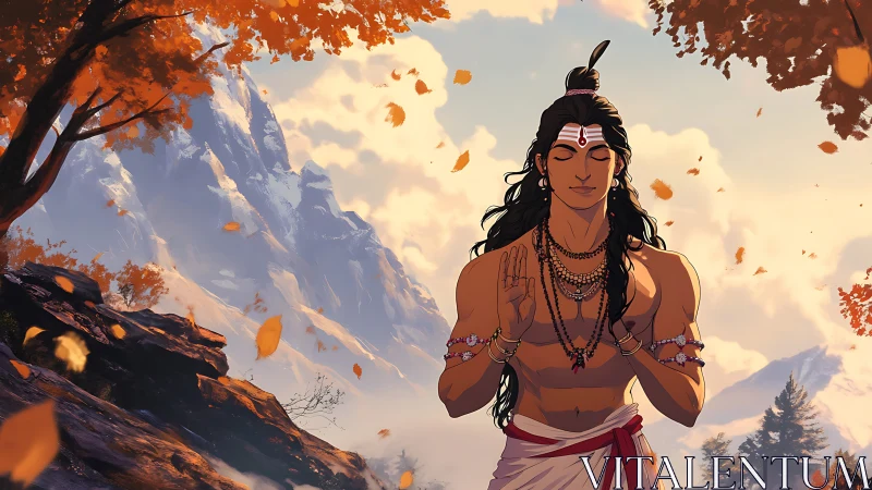 Serene mountain mystic meditating under drifting autumn leaves.