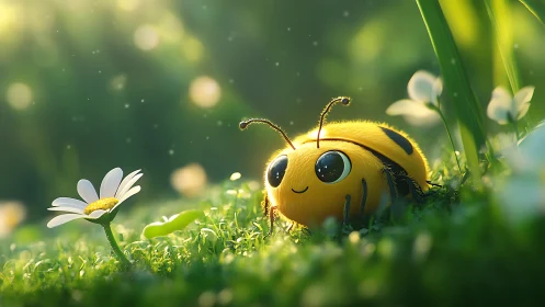 Cute ladybug rests in glowing meadow light, smiling softly.