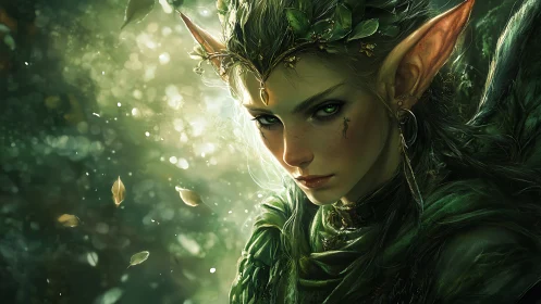 Forest guardian elf bathed in secret green woodland light.