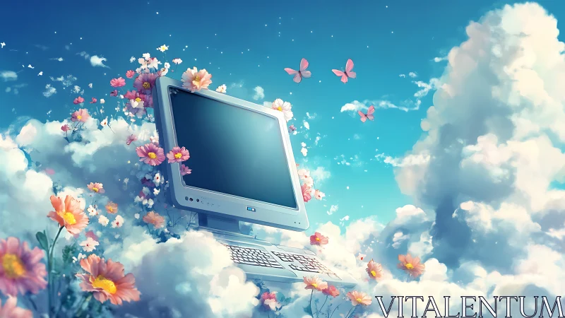 Computer monitor and keyboard integrated into cloudscape