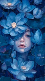 Melancholic female face framed by layered blue lotus blooms.