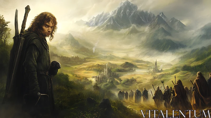 Young wanderer leads a hopeful fellowship into misty mountains.