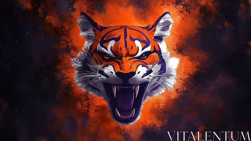 Spectral tiger head rendering in high-contrast ember nebula.