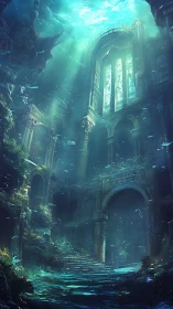 Submerged cathedral ruins under teal refracted seascape.
