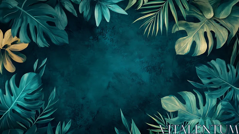 Dreamy teal jungle frame with lush tropical leaves.