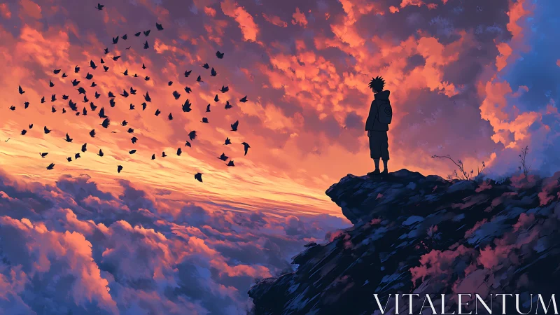 Solitary figure on cliff watching birds at sunset.