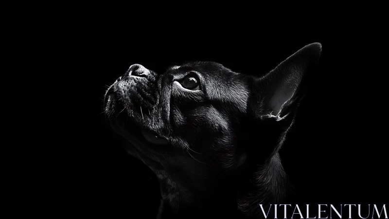 Black French bulldog gazes upward in dramatic low key light