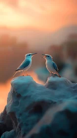 Sunset gossip on icy cliffs with two luminous birds.