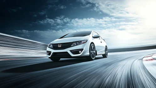 Aerodynamic white Honda coupe on motion-blurred racetrack.
