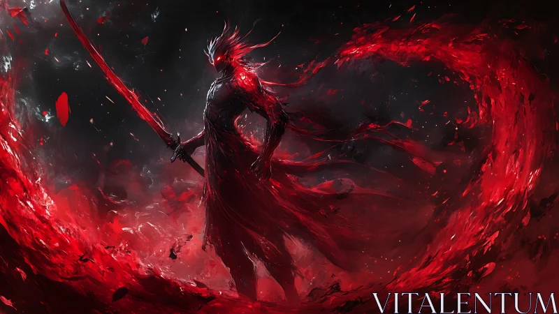 Sword-wielding red specter stands amid swirling red energy
