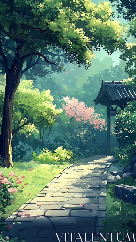 Digital garden path under dappled light, vertical composition.