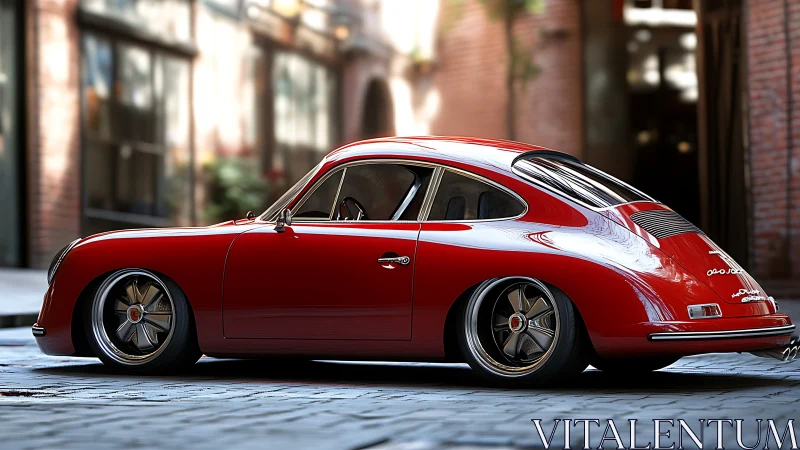 Vintage red coupe rendered with glossy street reflections.