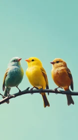 Three colorful perching songbirds sit aligned on a branch