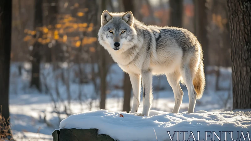 Gray wolf standing alert on snowy forest outcrop.