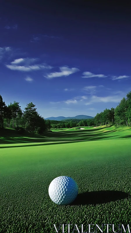 Lone golf ball dreaming on emerald fairway under vast sky.