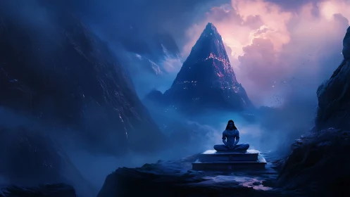 Solitary meditator sits before glowing mythic mountain