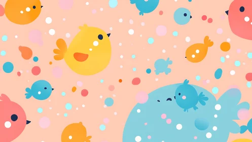 Minimalist pastel bird pattern with floating circular confetti