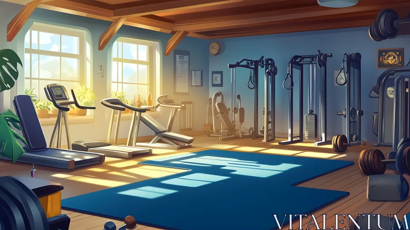 Sunlit loft gym sanctuary with calm morning workout hush.