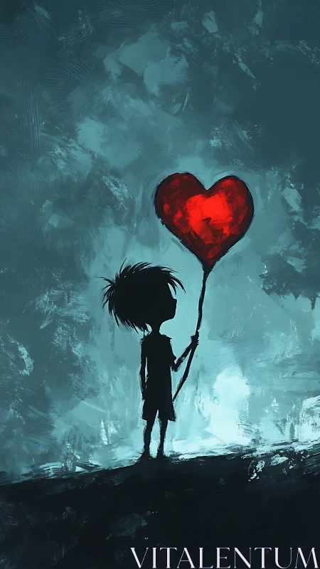 Silhouette holding glowing red heart balloon against stormy sky.