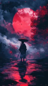 Lone wanderer greets a crimson moon above mirrored waters