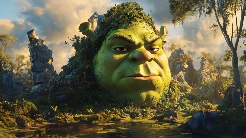 Colossal green ogre head sculpted into lush rocky hillside.