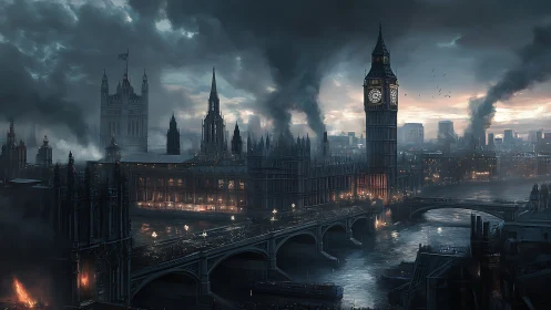 Dark ruined London skyline with burning Westminster scene.