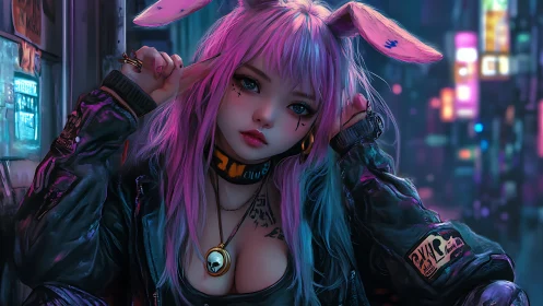 Neon bunny rebel listens to the city breathe at midnight