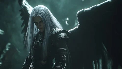 Fallen angel warrior broods in misty emerald twilight