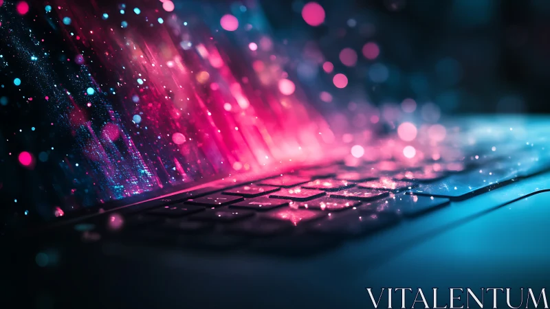 Neon data streams erupt across a laptop keyboard in cyber light