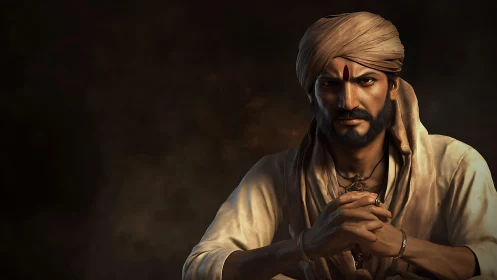 Cinematic digital portrait renders intense turbaned leader