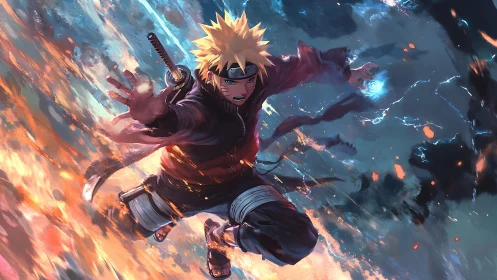 Dynamic blond ninja in midair elemental battle scene.