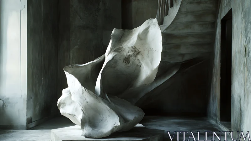 Abstract white sculpture in dim interior concrete stairwell.