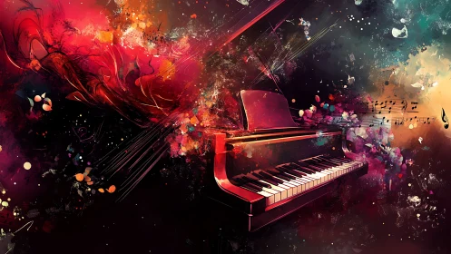 Digital painting grand piano in explosive chromatic motion fields.
