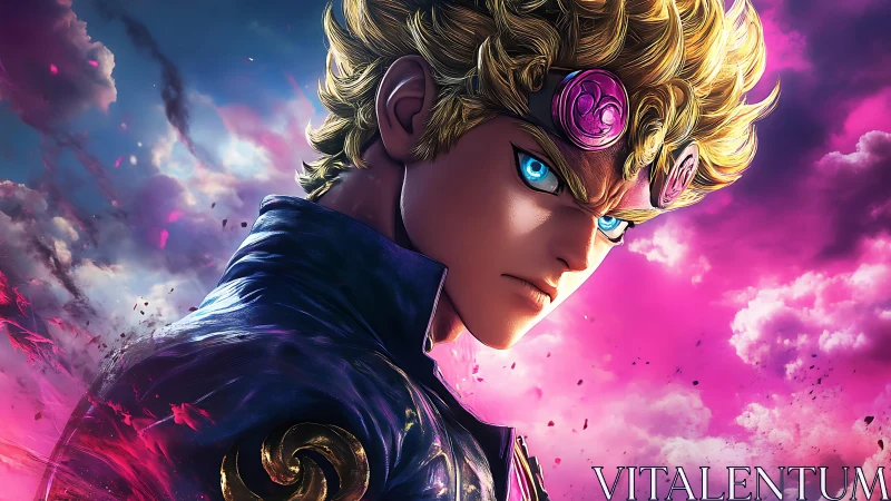 Blond anime hero under neon storm sky, intense gaze portrait.