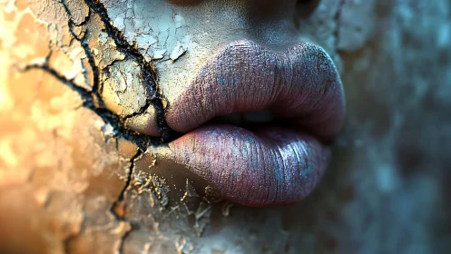 Cracked metallic skin with hyperreal iridescent lips macro study