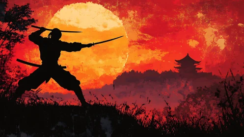 Twin-blade samurai silhouette duels the molten sunset sky.
