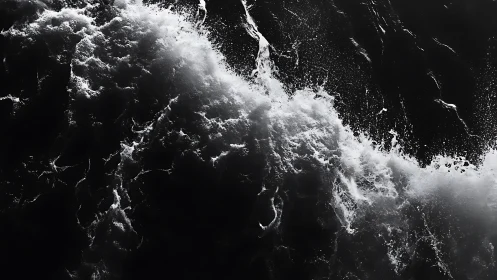 Monochrome overhead view of breaking ocean surface wave.