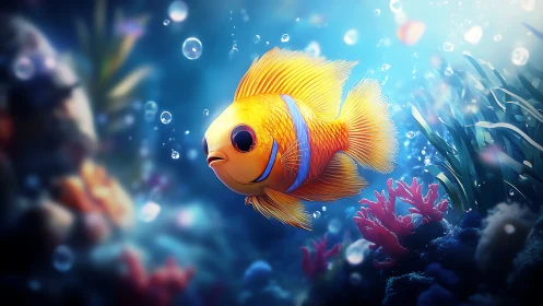 Sunny little clownfish gliding through a sparkling reef.