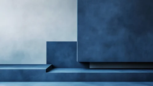 Minimalist blue podium architecture in soft ambient light.