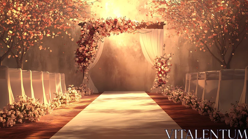 Sunlit floral wedding aisle renders romantic ceremonial depth