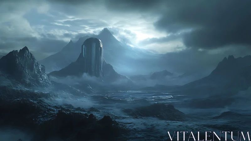 Silent alien monolith rising over misty frozen valley.