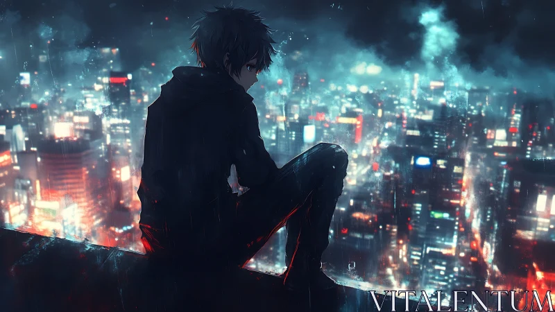 Rooftop loner above neon rain, listening to the city breathe.