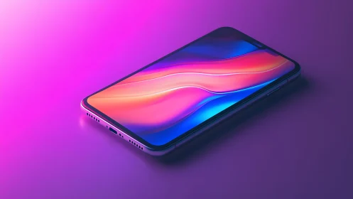 Modern smartphone with colorful abstract screen in neon lighting.