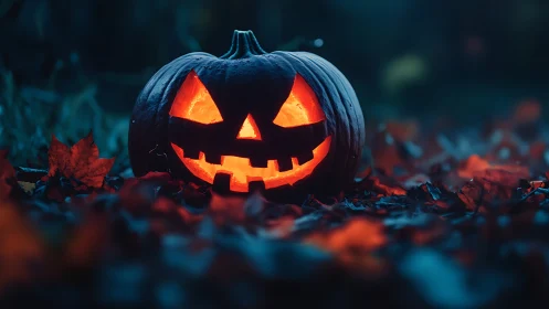 Glowing jack o’lantern smiles warmly in a misty autumn night