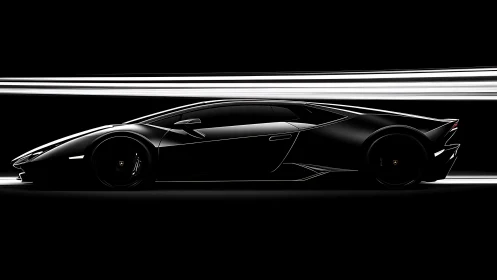 Sleek black supercar poised in glowing night speed lane.